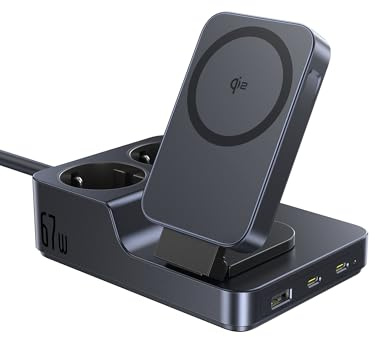 Baseus Nomos 67W USB C Steckdosenleiste, USB C Ladegerät Steckdose mit Qi2 Magnetisches kabelloses Laden, Tragbar PD-Ladegerät für MacBook, iPad, iPhone 16 15, Galaxy S25 Ultra, Zuhause, Büro, Reisen