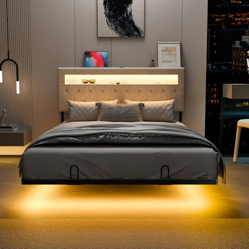 Bonnlo Polsterbett 140x200 cm mit Schwebeoptik – LED-Beleuchtung mit 60.000 Farben, integrierte Ladestation, höhenverstellbares Kopfteil, Leinenoptik, Beige (Ohne Matratze)