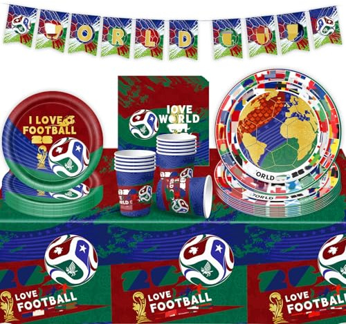52PCS 2026 World Football Cup Party Tableware Set, Football Party Pack for 10 Guests Includes Banner Soccer Plates Cups Napkins Tablecloth, Disposable Dinnerware for Match Day, Pub Watch Party