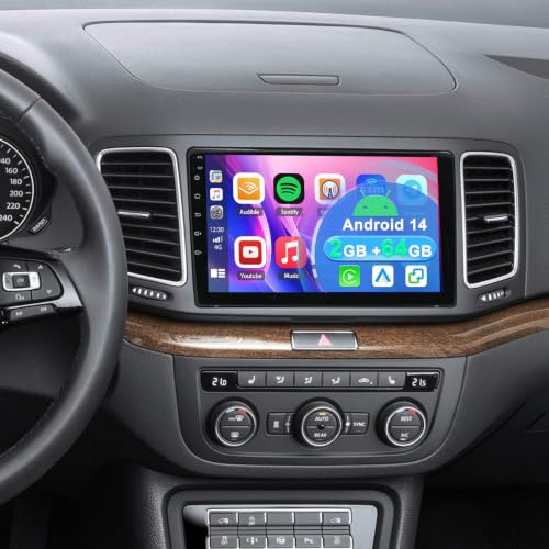 2+64G Android 14 Auto Radio Coche con CarPlay y Android Auto para Volkswagen VW Sharan 2010-2022, Pantalla táctil de 9 Pulgadas Autoradio Estéreo Reproductor con navegación GPS FM RDS SWC Bluetooth