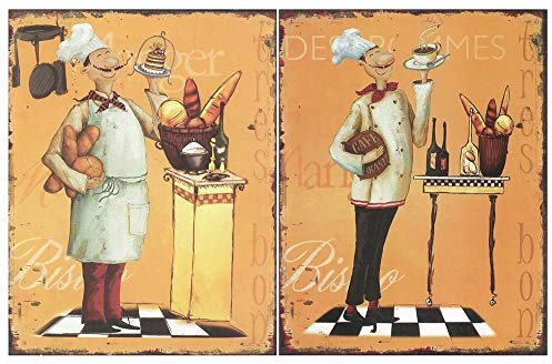 Cuadro de Cocina Cocinero Chef/Placas de Madera. Set de 2 Cuadros de 19 cm x 25 cm x 4 mm unid. Adhesivo FÁCIL COLGADO. Adorno Decorativo. Decoración Pared hogar Cocina