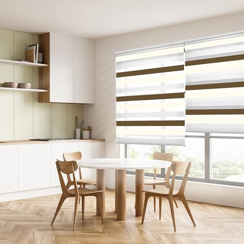 Blindecor Lira duo rollo tag und nacht , tricolor Creme, Braun, Weiß - 100 x 180 cm (Breite x Länge). Stoffgröße 97 x 175 cm. Doppelrollo für fenster