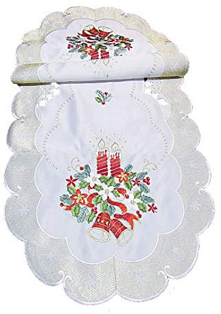 Tischläufer Tischdecke Mitteldecke Tischband Weihnachtsdecke Weihnachten gestickt Kerzen Glocken Creme Gold (45 x 110 cm)