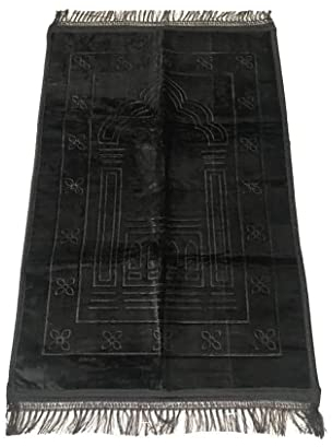 Ramadan24 Gebetsteppich Islamische Gebetsmatte- Muslim Gebet Teppich Gepolstert Dicke Weiche Seccade Waschbar Namaz mit Islam Orient Muster rutschfest 80 X 120 cm (Schwarz)