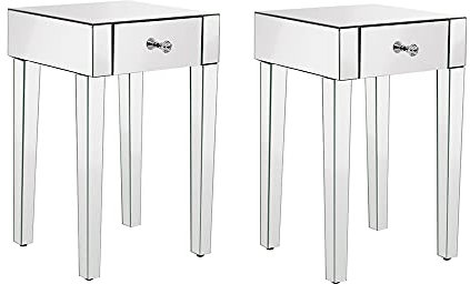 Panana Lot de 2 Tables de Chevets Miroir en Verre Meuble de Rangement, 1 Tiroir sur Salon, Chambre, Bureau, 40 x 40 x 65 cm