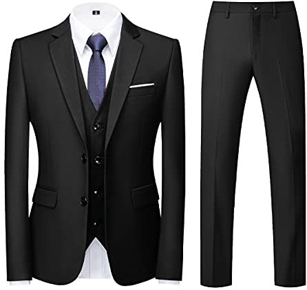 KUDORO Abiti da Uomo 3 Pezzi Slim Fit Abito Formale Puro Colore Due Bottoni Abito da Smoking Blazer Gilet Pantaloni(Nero,M)