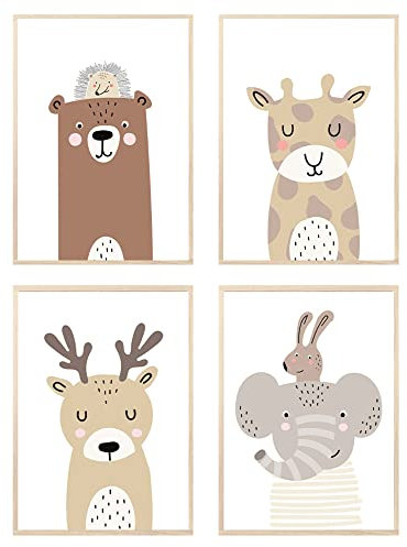 MeinBaby123® Bilder Kinderzimmer | 4er Set DIN A4 Poster Set | Waldtiere Wandbilder Watercolor | Deko Bilder Kinderzimmer | Babyzimmer Deko | Wandposter Premium (Tier auf Tier - Set 3)