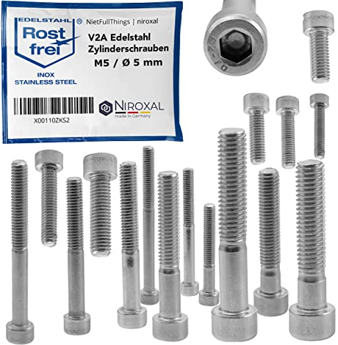 Edelstahl Zylinderkopfschraube rostfrei V2A M5 (=5 mm) 16-mm Schrauben-Länge 25 Stück 16-mm Voll-Gewinde Innensechskant Zylinder Schraube M5x16