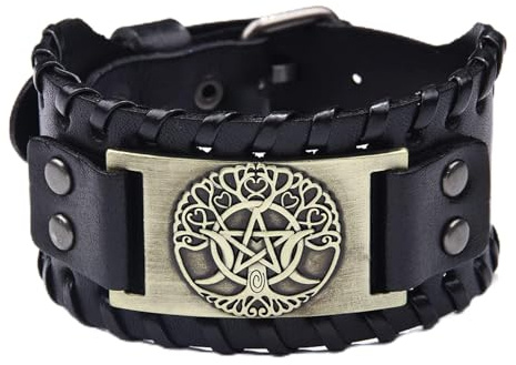 Thajaling Bracelet en cuir de vachette étoile à cinq branches, bracelet large lune arbre de vie, Bracelet en cuir vintage Viking, bracelet en cuir fait à la main