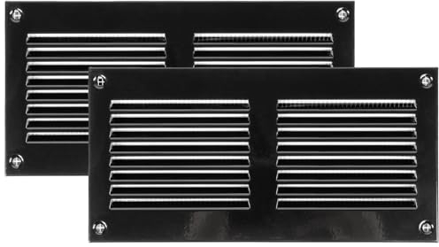 Vent Systems 20 x 10 cm - Packung mit 2 Lüftungsschlitz-Abdeckungen – Schwarz – Metall-Luftrücklaufgitter mit eingebautem Schädlingsschutz-Bildschirm
