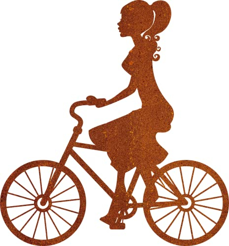 Cosch Edelstahl Rost Deko für den Garten - Frau auf einem Fahrrad ca. 30x32 cm - Fahrradfahrer Dekoration - Gartendeko Balkon