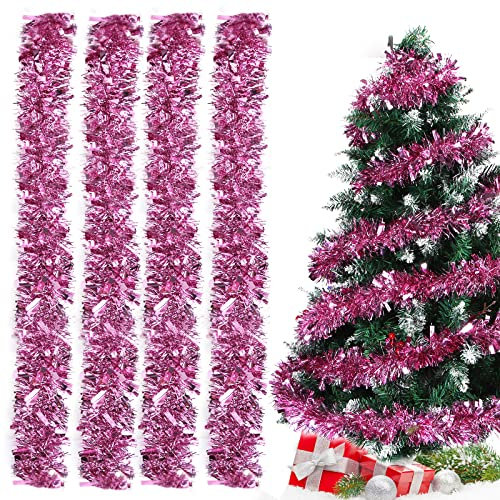 Weihnachtsgirlanden, 4pcs Lametta Weihnachtsbaum, 2m Lametta Girlande, Lametta Girlande Weihnachten, Weihnachtsdeko Lametta für Weihnachtsbaum Weihnachtsfeier, Geburtstagsparty Dekoration(Rosa)