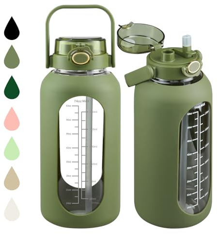 SIEROZUR 74oz Glass Water Bottle with Straw and Lid Large Gallon Water Jug with Silicone Sleeve and Handle 2.2 liter Wide Mouth Bottle with Time Marker for Gym Sports& Workout