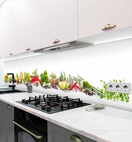 MyMaxxi Küchenrückwand Folie selbstklebend matt - einfache Montage ohne Bohren 0,4mm stark Versteift - Motiv Gewürze Gemüse Grün Weiß Rot Braun 60cm hoch - Spritzschutz Küche Klebefolie 280 x 60cm