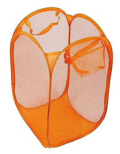 NTEK Foldable Pop-Up Mesh Washing Laundry Basket Bag Bin Hamper Toy Tidy Storage Fabric Organiser | Dirty Clothes Baskets with Handles& Side Pocket | Laundry Baskets Net Bag Clothes Bags (ORANGE)