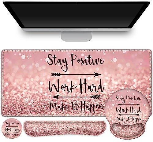 ToLuLu Mouse Pad, XXL Large Desk Mat Wrist Support Set，4 in1 Gaming Mousepad Desk Pad+ Ergonomic Mouse Pad with Wrist Rest + Keyboard Wrist Rest+Coaster for Women Home Office Table, Pink Stay Positive
