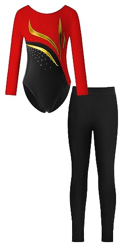 JanJean Kinder Mädchen Gymnastikanzug Langarm Turnanzug Ballettanzug mit Leggings Sport Hose Strass Tanzbody Gllitzer Turnbody Trainingsanzug X Rot 122-128