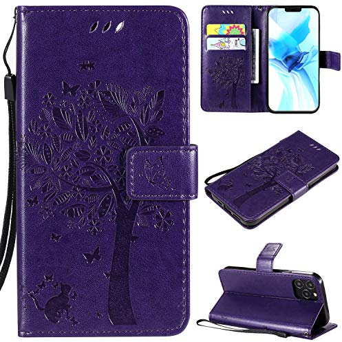 VEEMOS Handyhülle für Apple iPhone 12 / iPhone 12 Pro Hülle Klappbar Katze-Baum mit Kartenfach Klapphülle Schutzhülle Handy Tasche Leder Book Flip Case Cover Handytasche Damen - Violett