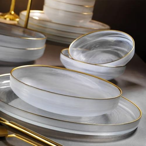 Vajilla de Vidrio Fecra - Vajilla de 18 Piezas Blanca y dorada – Vajilla completa y elegante – Vajilla para 6 personas