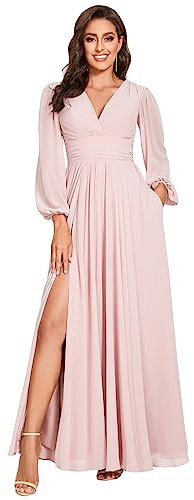 vintys Women's V-Neck Bridesmaid Dresses with Long Sleeves Split Pleats Chiffon Formal Evening Party Dress for Wedding VT001, Blush Pink, 20
