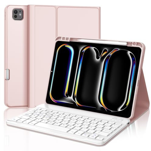 SENGBIRCH Funda con Teclado para iPad Pro 11(M4) 2024 - Teclado Español Ñ Bluetooth Inalámbrico Extraíble para Tablet iPad Pro 11 Pulgadas (M4) 2024, Rosa Claro