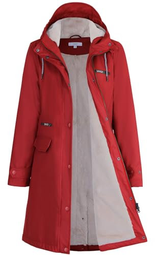 Peter Patter Manteau de pluie, pour femme, doublé, en polaire teintée, imperméable, avec fourrure synthétique, chaud, long en polyuréthane, coupe-vent, parka de pluie pour l'hiver, rouge, 40