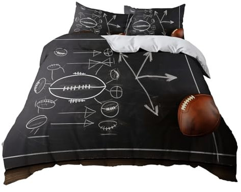 Bettwäsche 3teilig Bettbezug, Einfache Linie American Football Bettbezug 200x200 cm Mikrofaser mit Kopfkissenbezug mit Reißverschluss 80x80cm*2 Schwarz