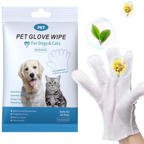 CINOKAI - Toallitas de limpieza para mascotas, toallitas de limpieza para gatos y guantes de aseo para perros, toallitas para perros y gatos, guantes desodorizantes (1 paquete, 6 unidades)