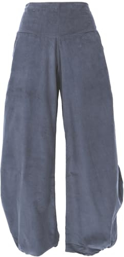GURU SHOP Weite Boho Cord Pluderhose, Feincord Boho Hose, Cordhose - Graublau, Damen, Size:L
