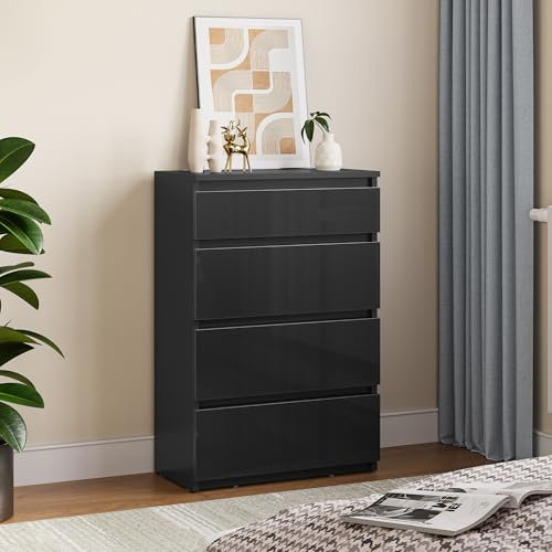 YITAHOME Kommode aus Holz, Kommode Schlafzimmer, zeitgenössischer Hochglanz, 4 Schubladen, Schlafzimmermöbel, Schlafzimmeraufbewahrungseinheit, Schiebeschubladen, 92 x 33 x 60 cm (Schwarz)