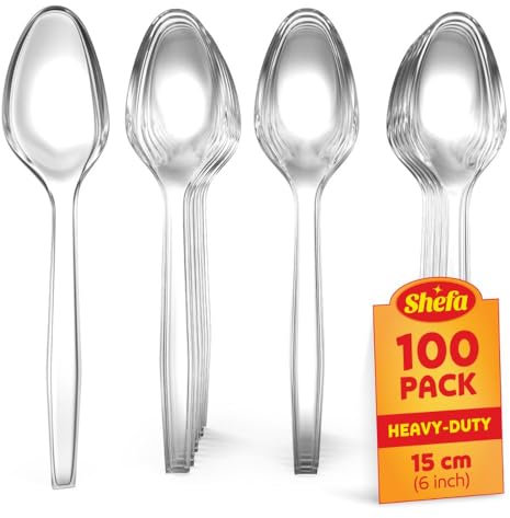 Shefa 100 Clear Spoons, Heavy Duty Spoons, Microwave-Safe Tablespoon, 6 Long for Birthday, Parties, Camping