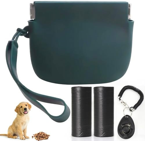 Silicone Dog Treat Pouch, Auto Closure Dog Training Bag, Portable Dog Treat Bag with Pet Training Clicker and Poop Bag, Small Dog Treat Bag Training Bag, Portable Dog Treat Bag for Walking Outdoor