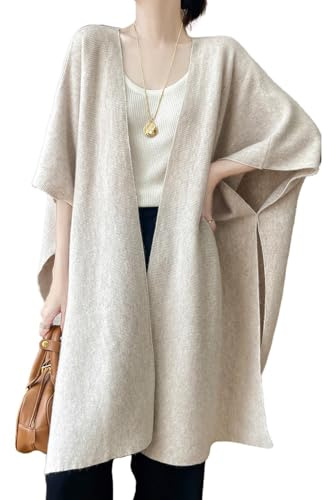 Ailaile 100 % merinoull sjal dam stickad poncho cape cardigan höst vinter lös öppen tröja kappa, Mjölkkamel, one size