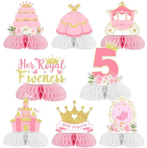 Funmemoir Her Royal Fiveness Geburtstagsdekorationen, 8 Stück, Prinzessin, 5. Geburtstag, Wabenaufsätze, Schloss, Krone, Waben, Tischdekorationen für Mädchen, Prinzessinnen-Party-Dekorationen, 5 Jahre