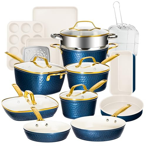 Gotham Steel Hammered 20Pcs Ceramic Cookware Set, Induction Pots and Pans Set Non Stick with Deep Fry Pan, Steamer, & Bakeware, Non Toxic PFOA PFOS Free, Oven & Dishwasher Safe