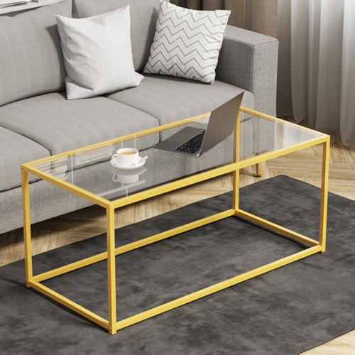 Mesa de centro de cristal moderna, mesa de centro minimalista, mesa de té lateral para sala de estar, parte superior de vidrio templado con marco de metal resistente, fácil montaje, color dorado