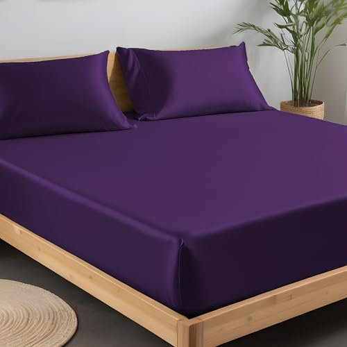 LINENWALAS Spannbettlaken aus Vegan-Bambus Seide, 140x200 cm, Tiefe Tasche bis zu 40 cm, weich, Öko-Tex-Zertifiziert, kühlende Bambus-Bettwäsche, nur Spannbettlaken, perfekt für die Haut (lila)