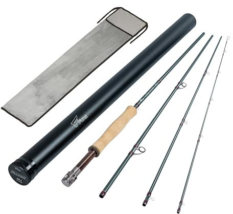 8Fans Fliegenfischrute mit Rohr, 4 Abschnitte, schnelle Aktion, Fliegenrute mit Pacbay Titanbeschichteten Schlangenführungen, AAAA Griff aus reinem Kork, 4–8 W