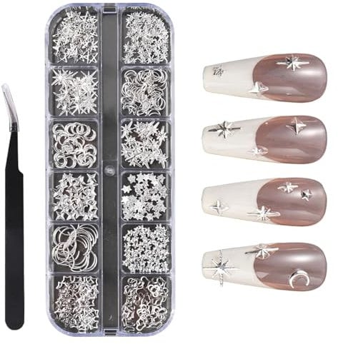 LunarCharm silver nail charms, star/moon nail art, metal charms, 3D alloy nail studs, nail jewellery charms, DIY craft and nail decoration accessories