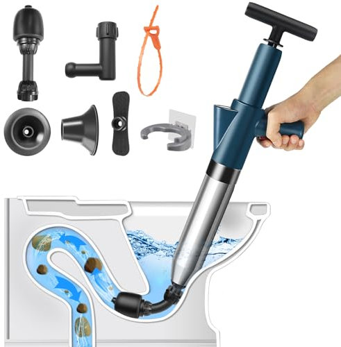 LightingWill High Pressure Toilet Plunger Set, Toilet Unblocker Heavy Duty with A Holder and 4 Replaceable Heads, Toilet Unblocker Tools for Unblocking Toilet Bathtub Shower Floor Drain and Pipe Clog