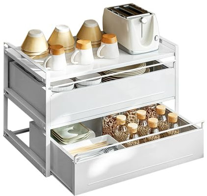 Microwave Rack, Microwave Stand with Pull-out Drawer, Adjustable Countertop Microwave Rack Storage, Extendable Kitchen Storage Organizer, Seasoning Shelving, Microwave Oven for Desktop Shelf (2-Tier)