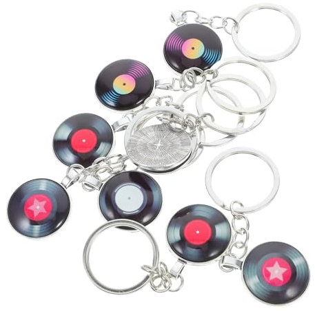CAXUSD Vintage Musik Schlüsselanhänger mit Vinyl Schallplattenmotiv 8 Stück Robustes Zubehör aus Zinklegierung und Glas zum Dekorieren von Gürteln und Handtaschen