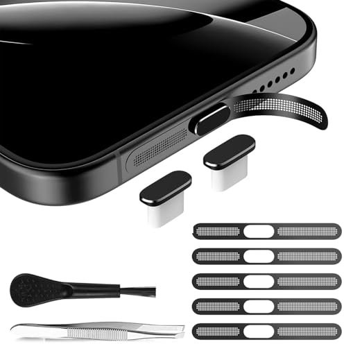 BelleVive 2 Stück USB-C-Staubstöpsel aus Metall, 5 Stück Ohrhörer-Lautsprechernetz, Telefonlautsprecher-Staubschutzabdeckung und Staubschutzkappe für iPhone 16/15/16 Pro Max, Schwarz