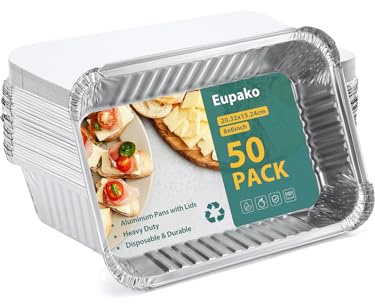 Eupako Foil Trays with Lids 50 Pack 20.32x15.24cm Reusable Food Containers for Meal Prep, Takeaway Containers with Lids, Disposable Food Storage for Refrigeration Roasting Heating