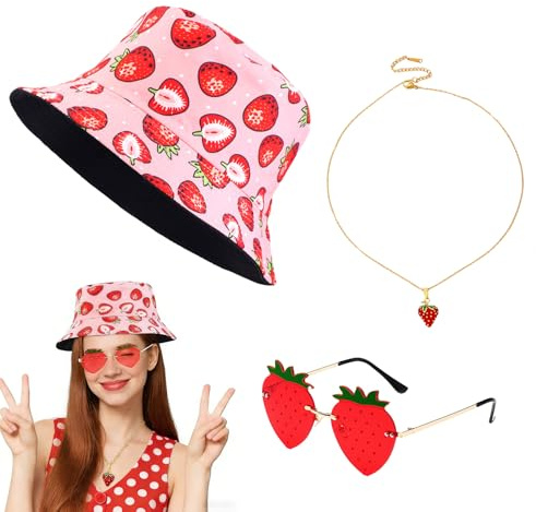 WanderGo 3 Stück Erdbeer Kostüm Set Erdbeer Fischerhut Anglerhut + Erdbeerbrille und Halskette mit Anhänger Apero Festival Fasching für Karneval Cosplay Kostüme Accessoires
