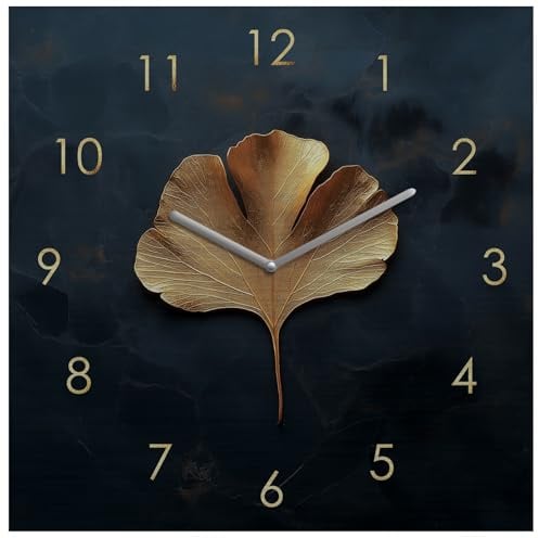 Wanduhr Metall 20x20cm Schwarz Gold Wanddeko Gingko Blatt Edel Design Metalluhr Moderne Deko Wandkunst