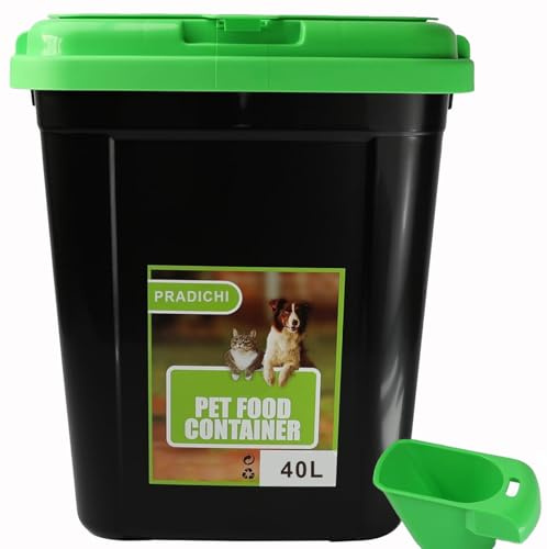 PRADICHI Pet Food Storage Container with Flip-Top Locking Lid & Integrated Scoop – Airtight Plastic Bin for Dog, Cat, Bird & Animal Dry Food – 15kg Capacity – 20L / 30L / 40L (Green, 40 L)