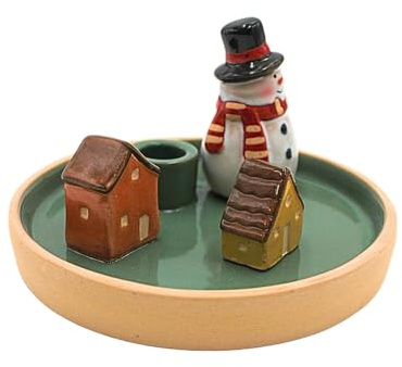 Portacandela, piatto candela, candelabro, piatto decorativo, candelabro, portacandele natalizio, piatto in ceramica con pupazzo di neve e case in gres porcellanato, colorato, L x P x A: 15 x 15 x 8 cm