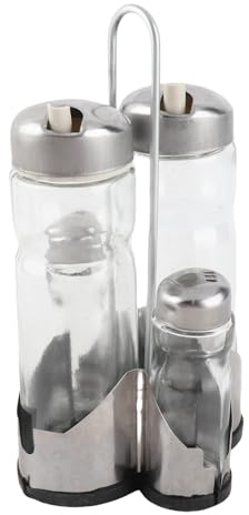 Walmeck Seasoning Bottle Set Condiment Holder Salt Shakers Glass Cruet Set Stainless Steel Tops Holder for Home Kitchen Restaurant