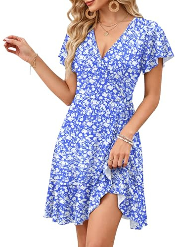 WNEEDU Women Summer Dresses V Neck Empire Waist Beach Dress Ruffle Sleeve Wrap Sundress with Pockets Blue White Flower XL